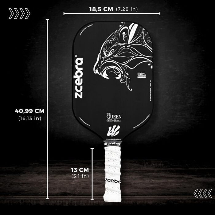 Zcebra Pickleball The Queen — падельна ракетка з чистого карбону T700, 16 мм, термоформована, сертифікована для Pickleball у США, чорна