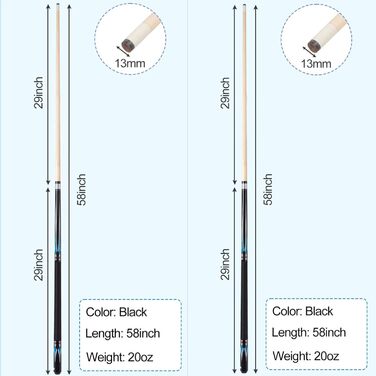 Більярдний кий 1/2 Maple Queue Sticks Pool Cue, 20 oz (580 г) з наконечником 13mm, чорний або білий колір. Підходить для чоловіків та жінок.