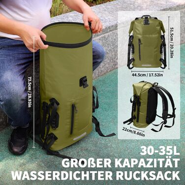 Водонепроникний рюкзак ioutdoor 30-35 л, rolltop, для водних видів спорту, велоспорту та туризму, з м'якими лямками та водонепроникною блискавкою