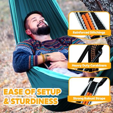 Гамак для кемпінгу NATUREFUN | Легкий, 300 кг, дихаючий, швидковисихаючий, нейлон, 2 карабіни, 2 петлі, для дому, саду, 275 x 140 см, темно-синій/синій