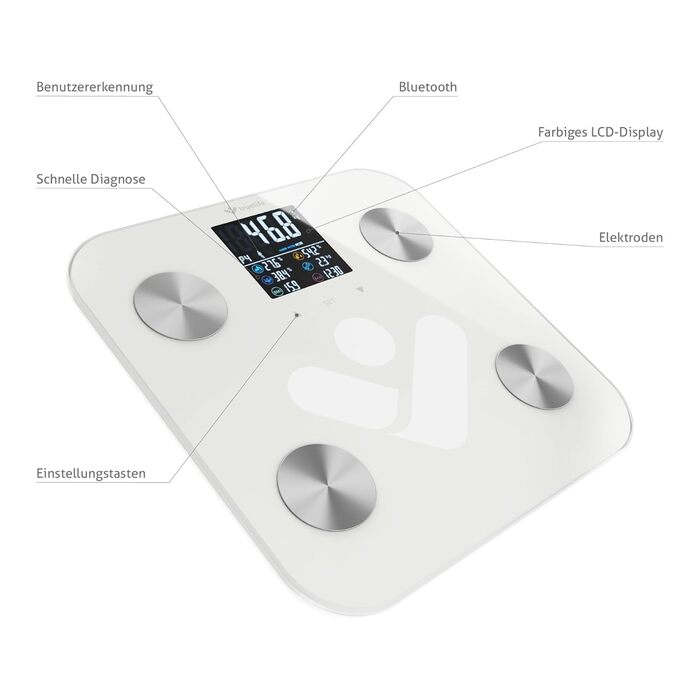 TrueLife FitScale W6 Bluetooth ваги з аналізом імпедансу, 19 показників тіла, LCD-дисплей, 8 користувачів, білий