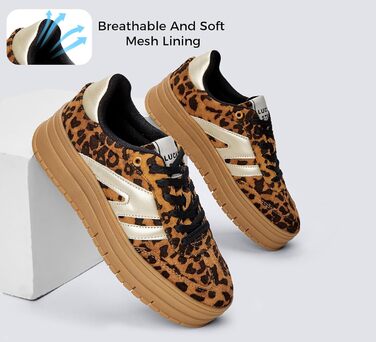 Кросівки LUCKY STEP Plateau Sneaker для жінок - платформа, канвас, ретро стиль, низький профіль, зручні для повсякденного носіння, бежево-зелені (41 EU, леопард)