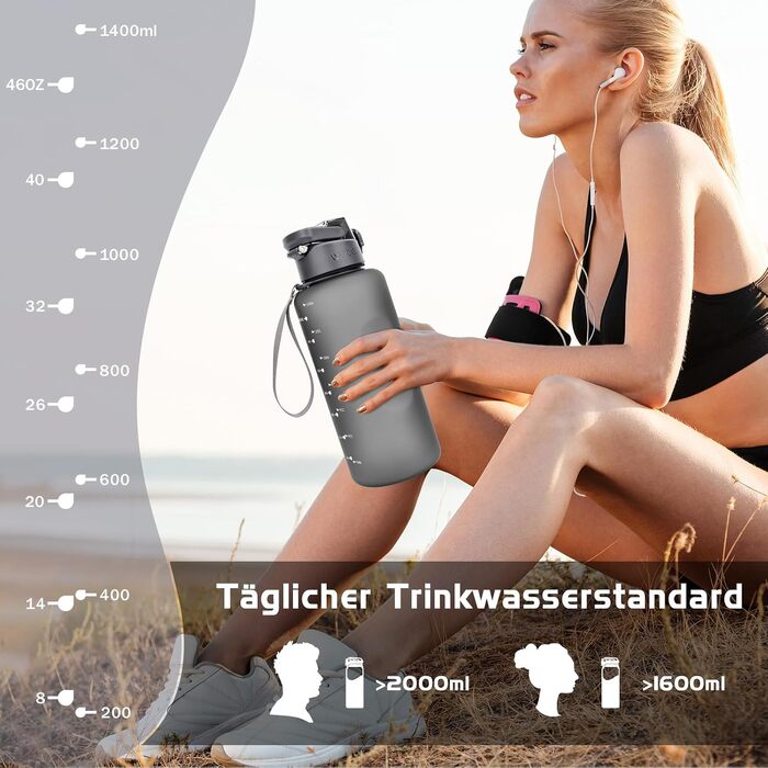 Спортивна пляшка для води AOPREL 1.5л з фільтром, Tritan BPA-free, герметична пляшка для фітнесу, походів та офісу (Сіра)
