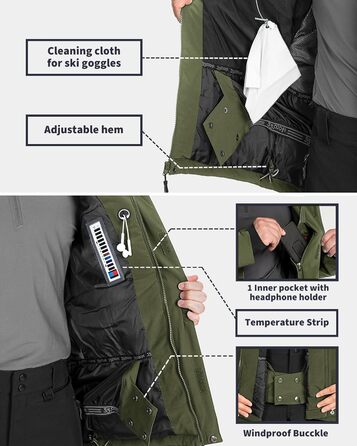 Чоловіча лижна куртка 33,000ft: Водонепроникна, вітронепроникна, тепла, функціональна куртка для сноуборду та лижного відпочинку (армійний зелений, L)