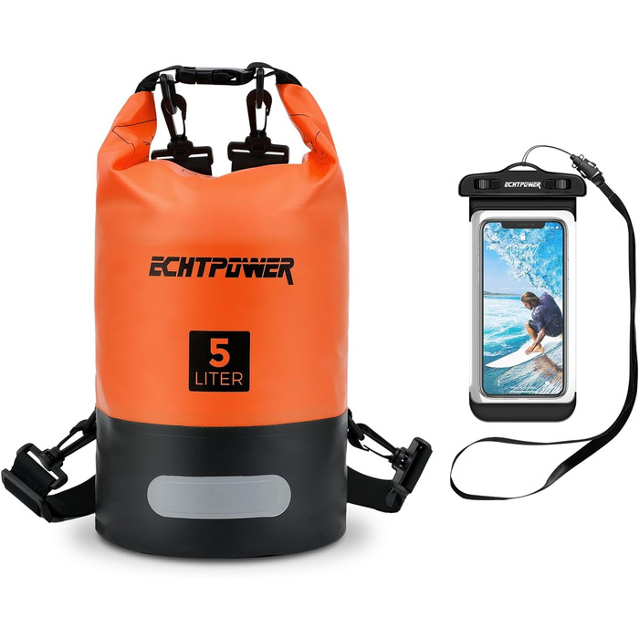 Водонепроникний мішок ECHTPower Dry Bag 5L/10L/20L для плавання, каякінгу, SUP з регульованим ремінцем та світловідбиваючими смугами (зелений, помаранчевий)