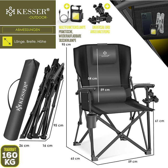 Крісло для кемпінгу KESSER® розкладне, до 160 кг | Рибальське крісло, з підлокітниками, кишенею для напоїв та світлом | Зручне крісло для пляжу та відпочинку на природі (Антрацит/Чорний)