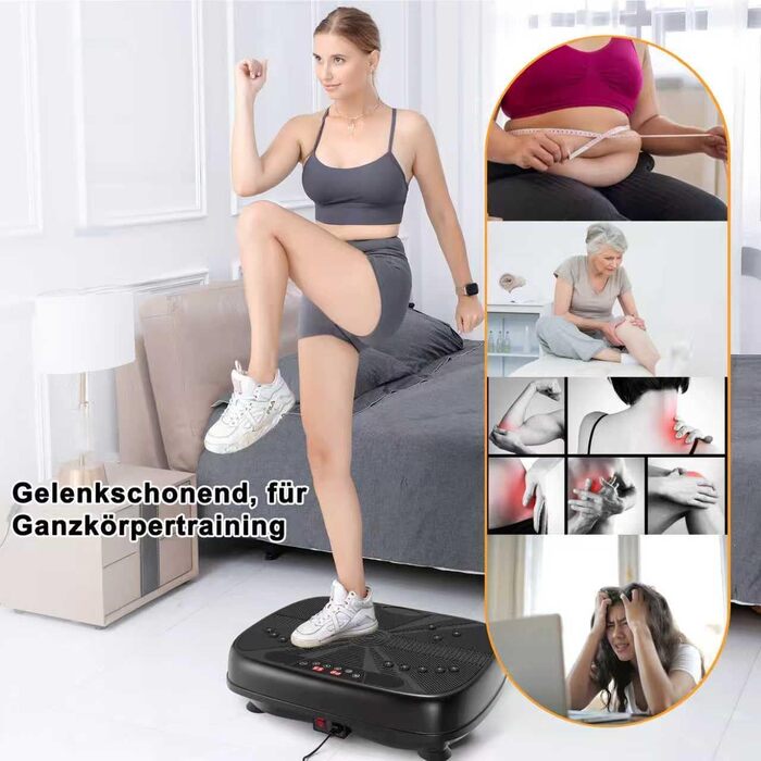 Вібраційна платформа для дому, 99 рівнів інтенсивності + 10 програм тренувань, пристрій для тренування всього тіла для нарощування м'язів та спалювання жиру, в комплекті з 2 фітнес-гумками (зелений/чорний)