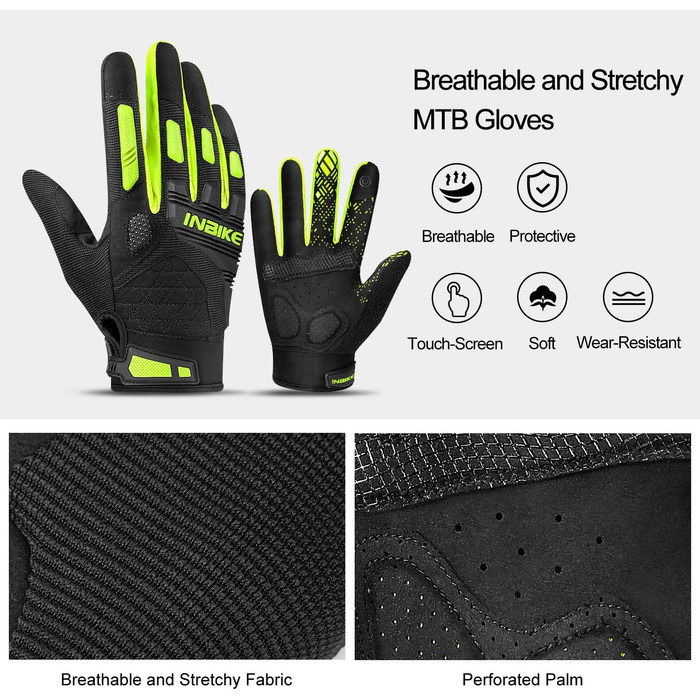 Велосипедні рукавички INBIKE MTB з повним пальцем, зелені, XL - для катання на гірському велосипеді, шосе та мотокросу. Зручні, дихаючі, з захистом пальців TPR та EVA.