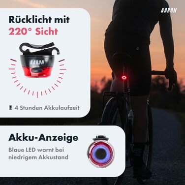 Велосипедні ліхтарі AARON 50 LUX: комплект для міських поїздок та електровелосипедів, сертифіковано StVZO, USB-зарядка, водонепроникні. Комплект освітлення для велосипеда (передній + задній)