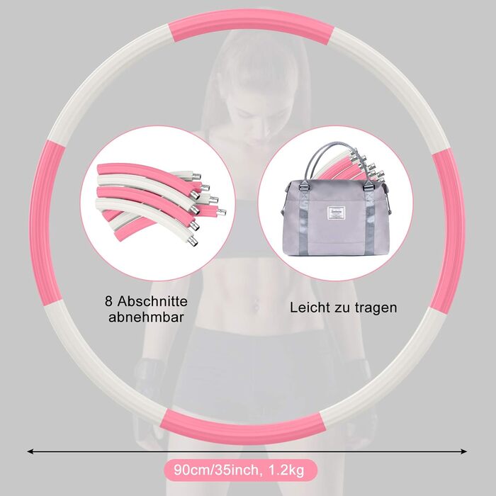 Обруч для фітнесу BLAIKOYI Hula Hoop для дорослих, 8 секцій, регульована вага 1,2-3,5 кг, сталевий сердечник, для схуднення, біло-рожевий