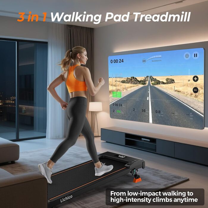 Біговий доріжка Lichico Walking Pad з регулюванням нахилу 9%, Bluetooth, LED дисплей, 2.5HP для дому та офісу