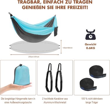 Гамак для кемпінгу на 2 особи, 275x140 см, Bragportable, до 300 кг, з сумкою, для саду, балкону, відпочинку на природі, блакитний/зелений