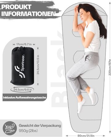 Сплячий мішок Sportneer - ультралегкий, компактний (950г/1500г) - спальний мішок типу 