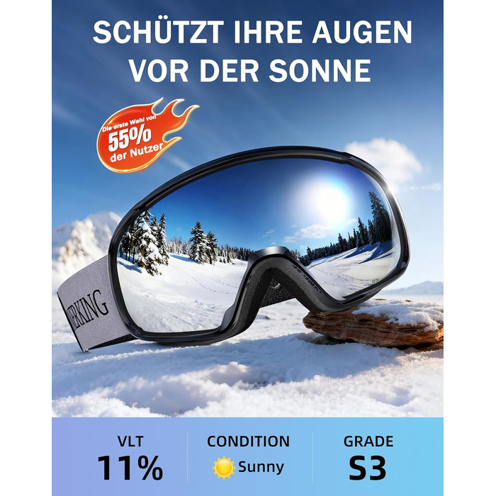 Окуляри для сноуборду та гірських лиж Innerking OTG, Anti-fog & UV400, з подвійним склом для корекції зору, чоловічі/жіночі/підліткові, чорний/срібний (VLT 11%)