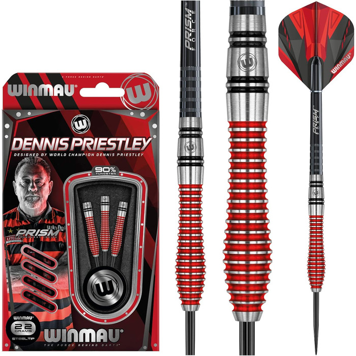 Дартс WINMAU Dennis Priestley, 22 г, професійний, вольфрамовий, сталевий наконечник, комплект з оперенням і шафтами