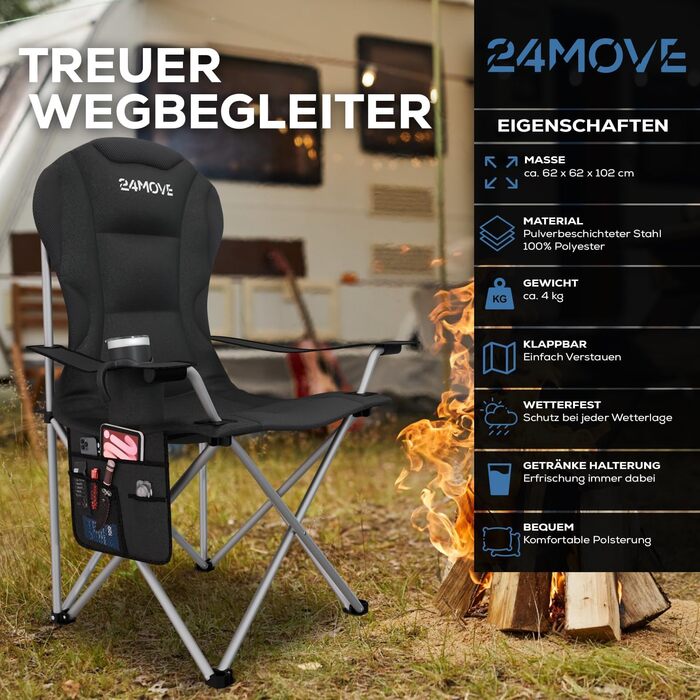 Крісло для кемпінгу 24MOVE® складне, 150 кг, з підлокітниками, кишенею для напоїв та сумкою, чорне