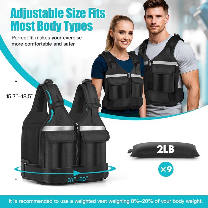 Регульована вагова жилетка для жінок та чоловіків, 0,6 - 8,7 кг, 9 вантажних пакетів, для фітнесу, силових тренувань, бігу та ходьби