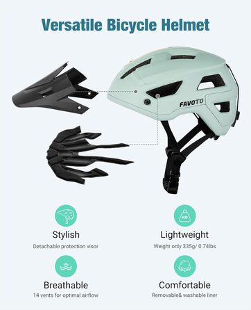 Велосипедний шолом Favoto для MTB та шосе, подвійна Inmould технологія, легкий, із козирком, для чоловіків і жінок, розмір L (57-61 см), регульований, світло-зелений