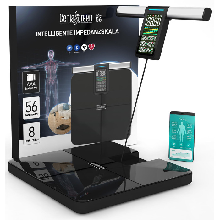 Вага для вимірювання жиру в тілі GeniaScreen InOne: цифрова персональна вага з Bluetooth, 56 показників, LED-дисплей, 180 кг
