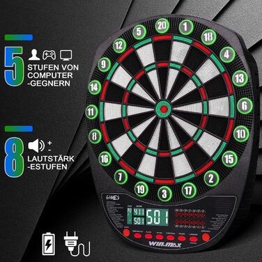 Електронний дартс WIN.MAX Profi Set: 34 гри, 354 варіанти, 3 мови (Deutsch, English, Français), 1-8 гравців, 12 дротиків (зелені та червоні) з підсвіткою