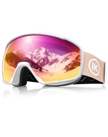 Гірськолижна маска Innerking OTG з подвійним склом, протизапотіванням та UV400 захистом, для окулярів, для чоловіків, жінок та підлітків (Білий/Рожевий, VLT 46%)