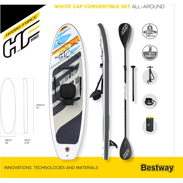 Надувна SUP-дошка Bestway Hydro-Force White Cap з сидінням, 305x84x12 см, комплект для веслування