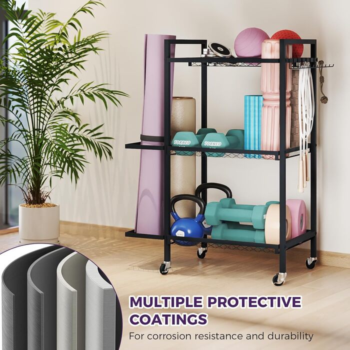 Стійка для йогаматів та спортивних матів, 3 яруси, металева, порошкове покриття, 35.1 x 14.9 x 44.2 см, портативна, економія місця, 3 шт.