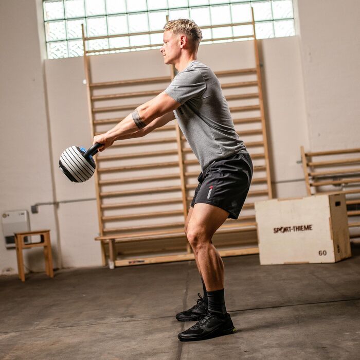 Набір гантелей-гир Кетелбел Sport-Thieme Vario | Регульовані гантелі з змінними дисками: 4-18 кг | Компактні, безпечні | Сталь, пластик | Чорно-сіро-блакитні | Якість бренду