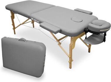 Масажний стіл WELLCORE, складаний, дерев'яний, екошкіра, 185x65 см, регульована висота, знімний підголівник, розширювачі для рук, отвір для обличчя, сріблястий, до 225 кг