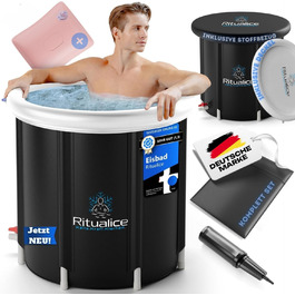 Ritualice® Преміум ванна для льоду (80 см Ø) XL Комплект - Переможець тесту - Набір для ванни з льодом з кришкою, тканиною та XL сумкою - Ідеально для криотерапії та відновлення - Льодова бочка з 5-шаровою ізоляцією, білий колір з XL сумкою