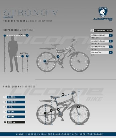 Гірський велосипед Licorne Bike PREMIUM Strong V 24 дюйми, 21 швидкість, повна амортизація, чорний/синій/лайм, для хлопців, дівчат, жінок і чоловіків