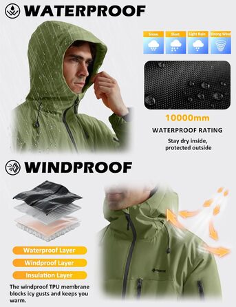 Чоловіча лижна куртка GEMYSE з інтегрованими лямками та капюшоном. Тепла зимова куртка, водонепроникна вітрозахисна куртка для сноубордингу та походів. Колір: хакі.