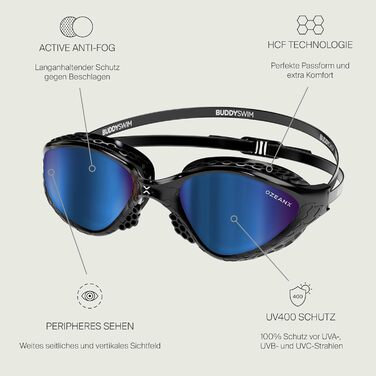 Окуляри для плавання OzeanX чоловічі та жіночі з UV400 захистом, антизапітні з панорамними лінзами XVISION. Чорно-сині