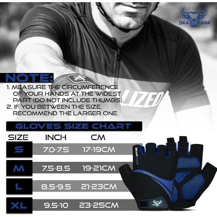 Велосипедні рукавички BEAST RAGE для жінок та чоловіків, дихаючі, безпальцеві, з антиковзким покриттям, амортизація, підходить для шосе, MTB, гірського велосипеда, білого кольору (BLAU, XL)