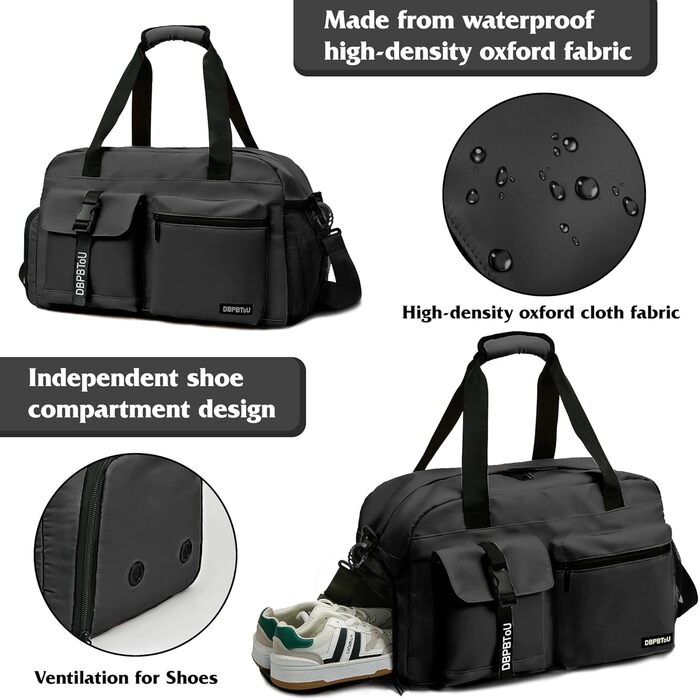 Спортивна сумка для жінок та чоловіків з відділенням для взуття та вологих речей, водонепроникна сумка для подорожей, тренувань, басейну та сауни (Чорна)