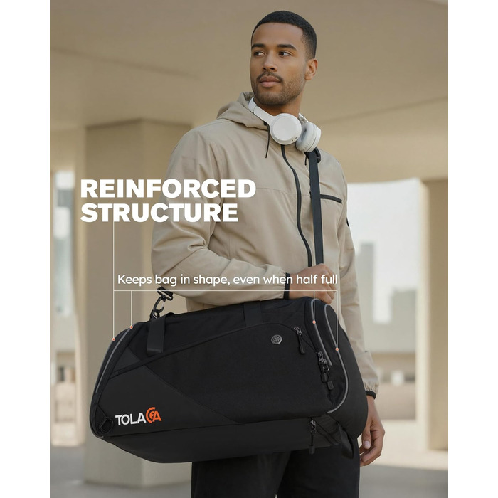 Спортивна сумка Tolaccea з відділенням для взуття та мокрого одягу, 47L, чорна. Ідеальна для фітнесу, тренувань, басейну та подорожей