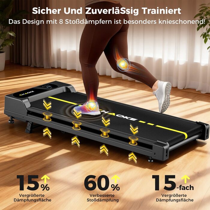 Walking Pad CHAOKE: біговий доріжка для дому з регулюванням швидкості 1-10 км/год, нахилом 9%, потужністю 2.75HP, вбудованими колонками та керуванням через додаток, до 160 кг, чорно-жовта, без встановлення, 2026