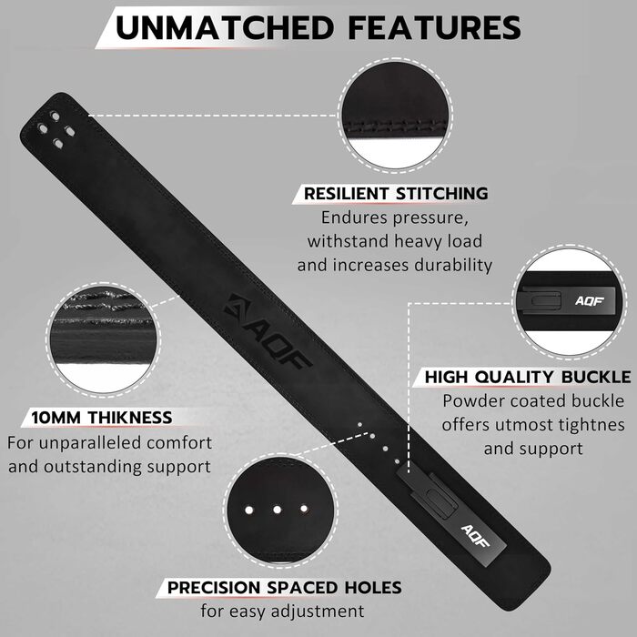 AQF Пояс для важкої атлетики з пряжкою Lever, 4' Ширина 10 мм, Шкіряний пояс - Сертифікований IPL USPA, Пояс для силових тренувань, Підйомник, Пояс для важкої атлетики для фітнесу, пауерліфтингу, чорний