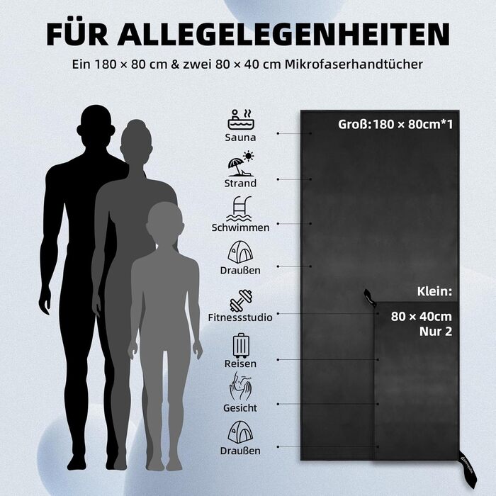 Набір рушників Damoguin 3 шт. з мікрофібри (великий 180x80 см, 2 шт. малі 80x40 см) - чорний