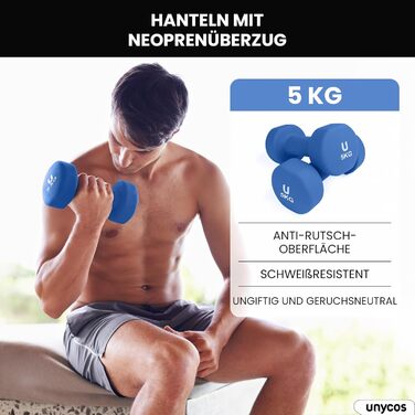 Гантелі неопренові Unycos 2 шт. 1-10 кг, короткі, антиковзаючі, для фітнесу, силових тренувань, пілатесу, дому (#07 Синій, 2 x 5 кг, круглі)
