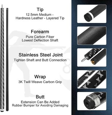 Професійний більярдний кий Billardqueue з карбону, низький упор, з кейсом та аксесуарами, 12.5 мм наконечник, 147.3 см, 567-595 г