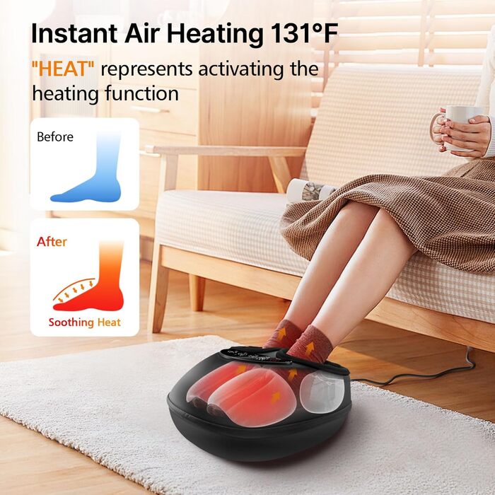 Масажер для ніг з підігрівом, електричний, 3D-кнесінг, роликовий та повітряна компресія, для зняття втоми, подарунок для чоловіків/жінок, чорний