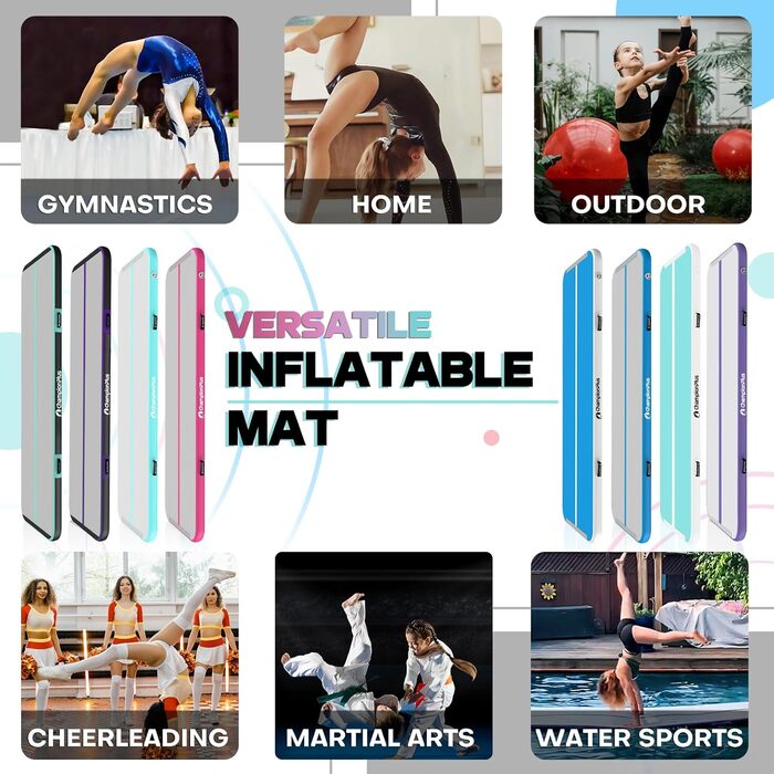 Гімнастичний надувний мат Track 5м з електричним насосом, для йоги, кемпінгу, фітнесу та спорту, двостороння м'ятно-зелена 300x100x10см