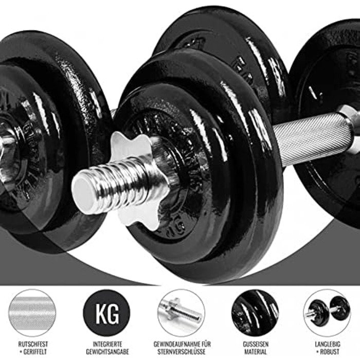 Комплект гантелей GORILLA SPORTS 20 кг з кейсом, 8 чавунних дисків, 30 мм гриф із насічкою, зіркоподібні замки