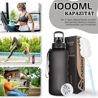 Спортивна пляшка для води AOPREL 1.5Л з фільтром, Tritan BPA-free, герметична пляшка для фітнесу, подорожей та школи (Чорна)