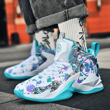 Баскетбольні кросівки для чоловіків та хлопчиків, високий верх, антиковзаюча підошва, спортивне взуття для осені/зими, розміри 35-45 EU, чорно-білі (42 EU, зелено-білі)