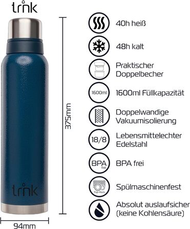 Термос trnk Outdoor Polar 2, 1600 мл, нержавіюча сталь, блакитний, BPA-free, 40 годин збереження тепла, 2 чашки, для походів, можна мити в посудомийній машині