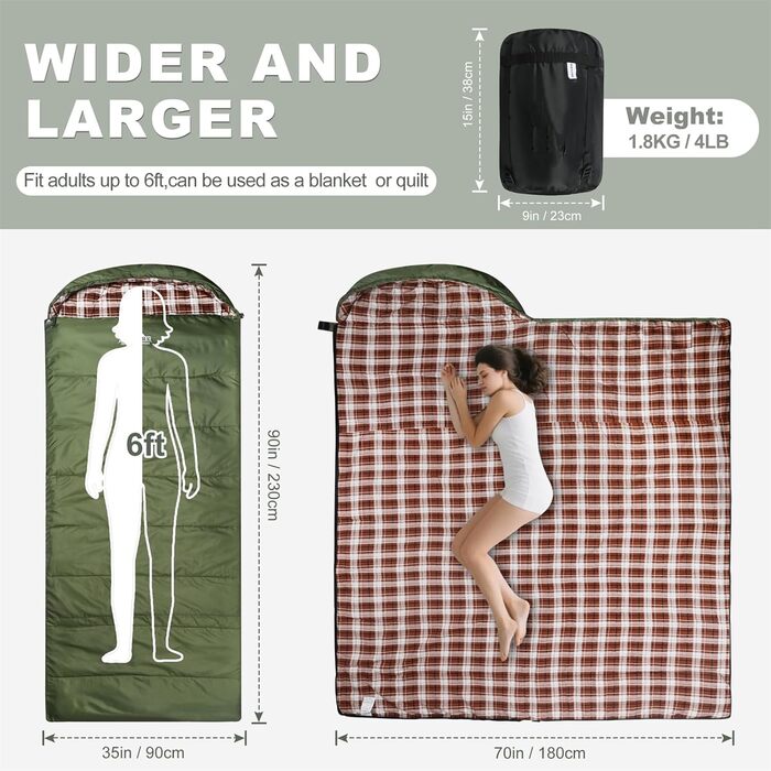 Спальний мішок Baumwoll-Flanell для дорослих, 100% бавовна, для кемпінгу, трекінгу, подорожей з рюкзаком, легкий, 3-4 сезони (зелений/коричневий)