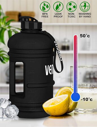 VENNERLI Спортивна пляшка для води 2,2 л, пластикова, зручна ручка, BPA Free, не протікає, для тренувань, фітнесу, спортзалу, офісу та дому, матова синя