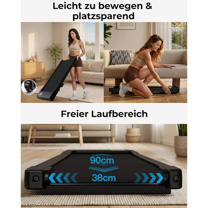 Бігова доріжка Walking Pad з нахилом 6%, для дому та офісу, до 136 кг, з додатком, 6-12 км/год, тиха 2.5 к.с., чорна 90 см